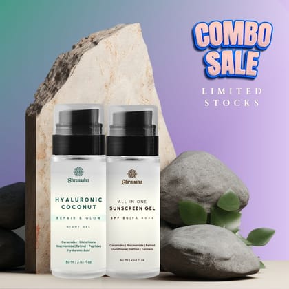 Sunscreen & Hyaluronic Coconut  Rice Water  Repair and Glow Night Gel: (60&60ml)