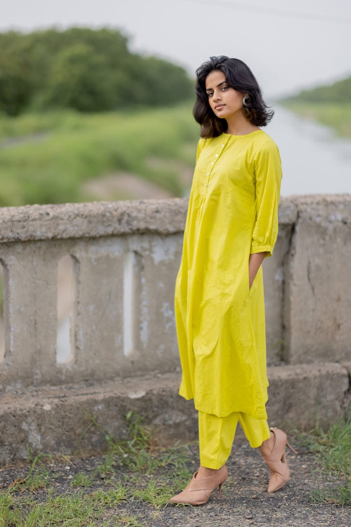 Lime yellow gathered Kurta set-S