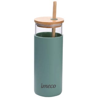 IMECO ECO-SIPPER Glass Sipper Bottle with Stylish Bamboo Lid And Straw 450 ml (Green)