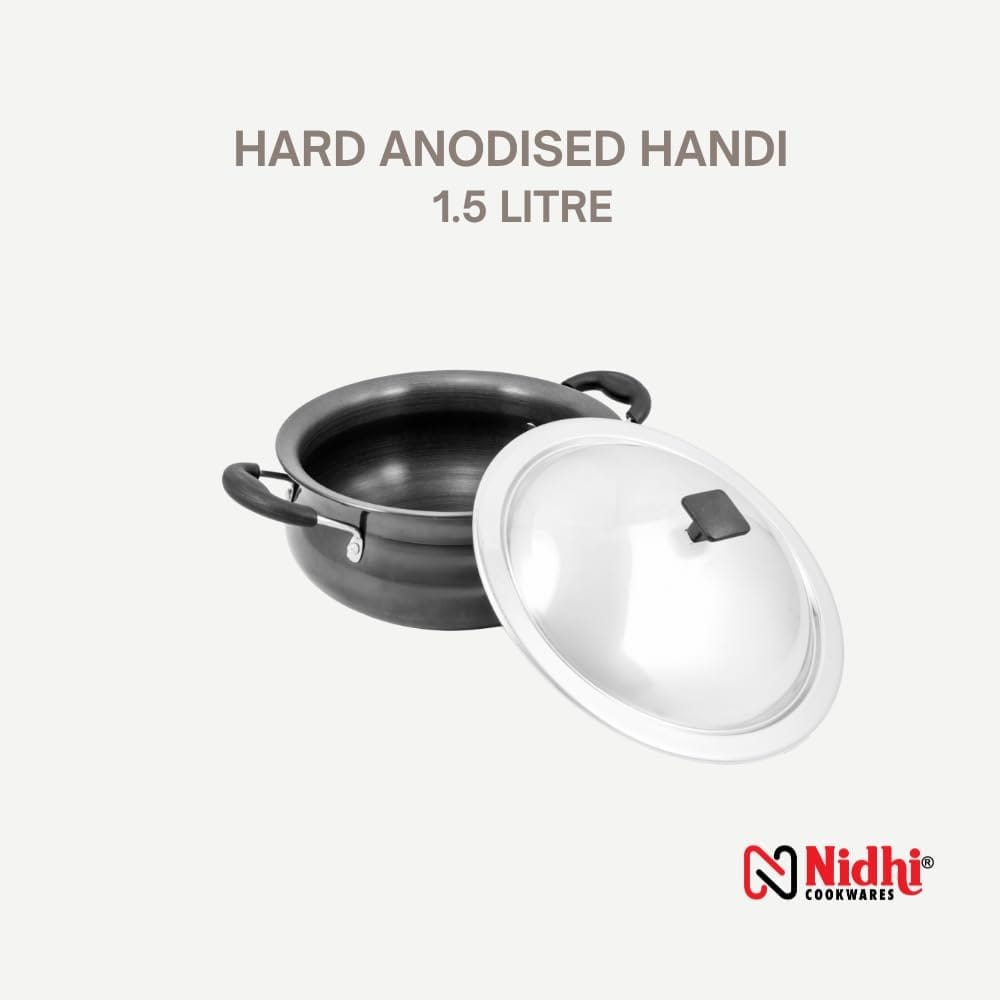 NIDHI HARD ANODISED HANDI WITH SS LID I 1.5 LTR I 3MM THICKNESS (Non-toxic, Non reactive/black)