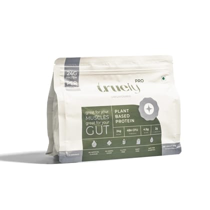 Truely Pro - Vegan Plant Protein | 24g Protein/Serving | 4 Bn CFU Probiotics | 3 Protein Sources - Pea, Brown Rice & Moong Bean | No Artificial Flavours | THIRD-PARTY TESTED | Unflavoured | 500GM