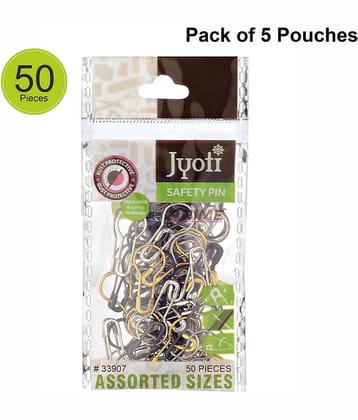 Jyoti 33907 Safety Pins - Strong Nickel Plated Steel, Rust Resistant, Heavy Duty Variety Pack, Perfect for Clothes, Crafts, Sewing, Pinning, Pear Shaped (50 Assorted Pins in a Pouch) - Pack of 5 Pouches