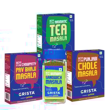 CRISTA Indian Street Food Seasonings Combo Pack (Pav Bhaji Masala 100 gm, Chole Masala 100 gm, Sandwich Masala 50 gm & Tea Masala 100 gm) - Pack of 4