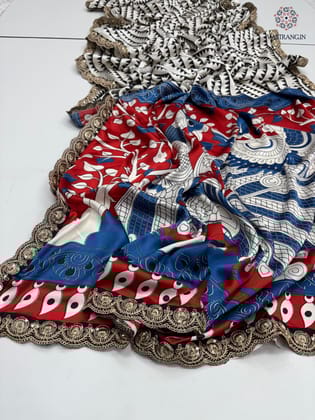 New Function Wear Pure Satin Silk Ajrak Printed n Sequence Lace Work Rich Pallu n Tussles Work Fancy Designer Saree