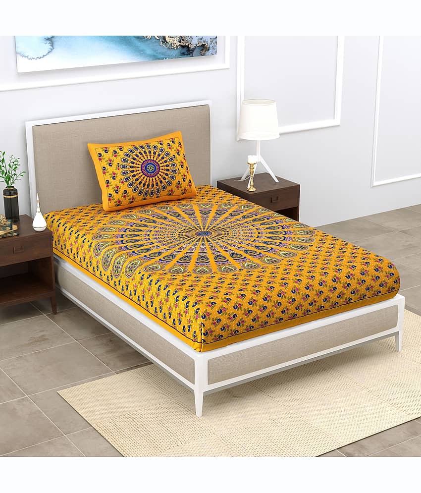 ABHACLOTHO Yellow Cotton 1 Single Bedsheet with 1 Pillow Cover ( 215 cm x 150 cm )