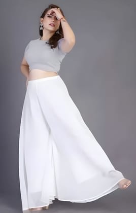 Generic Women's Georgette Solid High-Rise Wide Leg Flared Palazzo Pants with Elastic Waist, Ankle Length Trousers for Daily, Office and Casual Wear (White, M, Pack of 1, Design 67540)