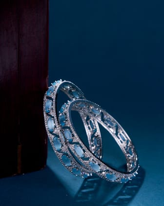 Stylish Zig Zag Oval Rhodium Bangles (Pack of 2)-Sky Blue / Rhodium / 2.4