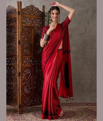 BLEESBURY Satin Printed Regular Saree With Unstitched Blouse Piece ( Red )