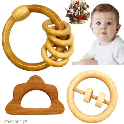 Shreeja Shilpcraft Neem Wood Baby Rattle & Teether  Combo Pack of 3 | Natural, Handmade & Non-Toxic Wooden Teething Toy for Infants & Newborns