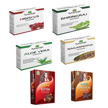 Amina Combo of NagarMotha Hibiscus Aloe Vera Bhringraj Sheekakai Ritha Amla Powder Organic Powder for hair and skin problems, 350 grams