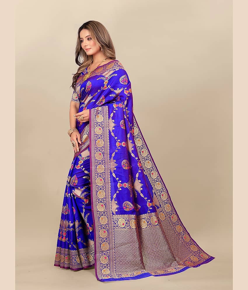 Gazal Fashions Banarasi Silk Printed Saree With Unstitched Blouse Piece ( Multicolour )