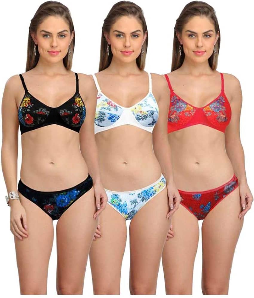Selfcare Pack of 3 Cotton Women's Bra & Panty Set ( Multi Color )