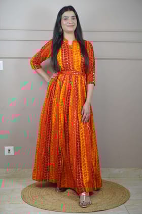 Orange Colour Tie and Dye Pattern Gown with Belt-L / Orange