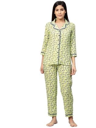 Women's Casual Three-Quarter Sleeve Floral Printed Rayon Shirt with Pyjama Pant Night Suit Set Size XL (Green)