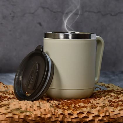 Ganesh Premium Stainless Steel Coffee Mug with Heat Resistant Mug Lid (Beige)