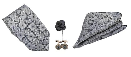 VOICI France Men's Self design necktie pocket square and cufflink combo gift set Grey color free size - Gray