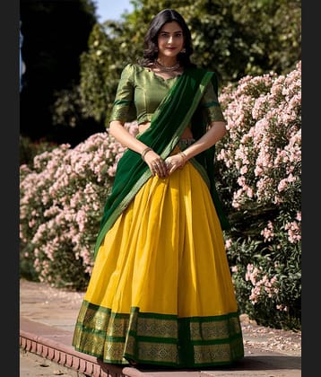 Trijal Fab Yellow Kanchipuram Circular Semi Stitched Lehenga Single
