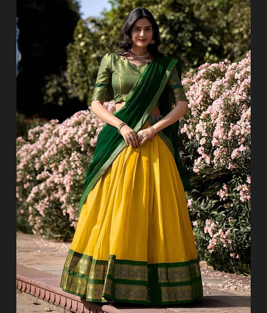Trijal Fab Yellow Kanchipuram Circular Semi Stitched Lehenga Single