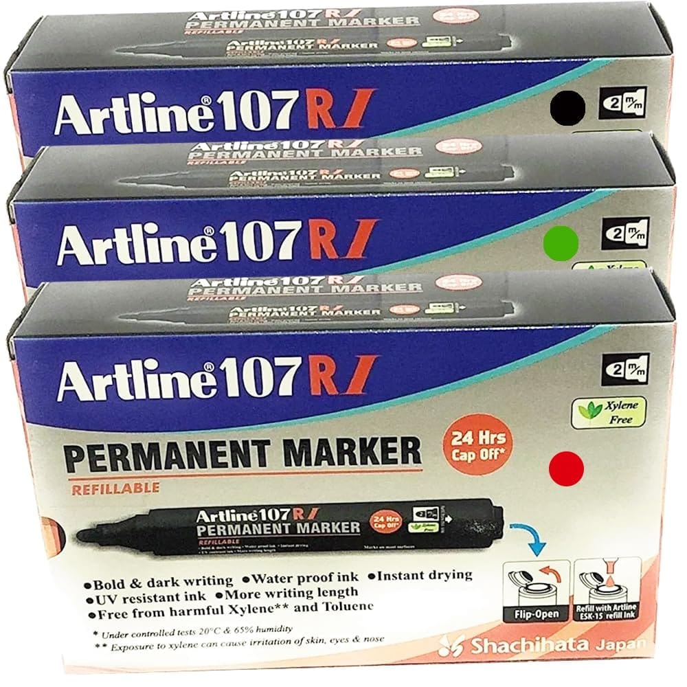 Artline 107RI Permanent Marker Pack of 30 (Black, Red, Green Colours) | For Artists, Professionals, & Students