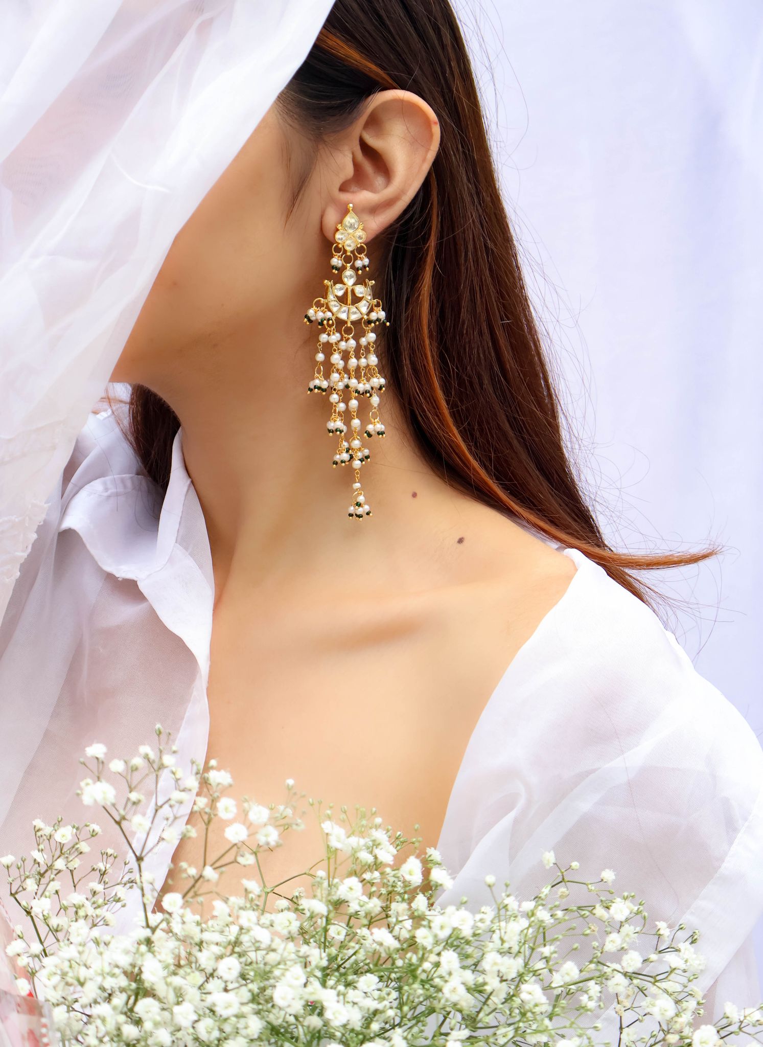 Danira Kundan Pearl Earrings-Green