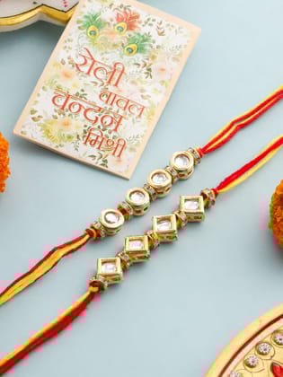 NVR Men Set of 2 Multicolor Kundan Studded Thread Rakhi with Roli Chawal Chandan & Mishri-One Size / Gold