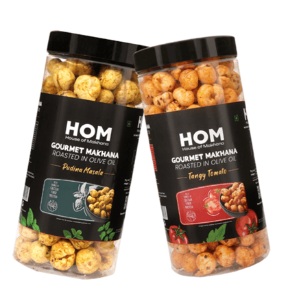 GOURMET MAKHANA Roasted in Olive Oil | Flavors Tangy Tomato & Pudina Masala  | Combo Of 2, 65g Each. - 130 gm