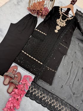 Designer Party Wear Look Pure Heavy Faux Georgette Top Plazzo & Dupatta Set Designer Party Wear Look Pure Heavy Faux Georgette Top Plazzo & Dupatta Set