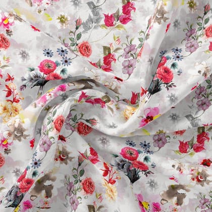 Beautifull Red And Pink Camellia Rose Of Branch Digital Printed Fabric - Silk Crepe