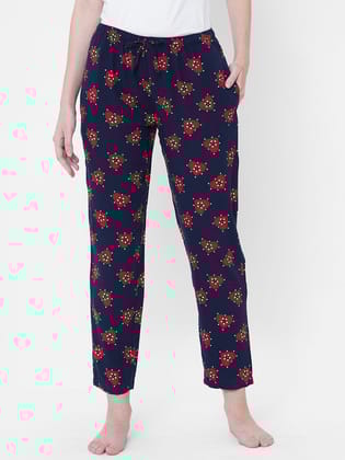 Women's Printed, Navy, Viscose, Regular Fit, Elasticated, Waistband, Pyjama  With Side Pockets-Navy / S