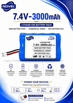 NOVEL 7.4V BMS 18650 LITHIUM ION DUAL BATTERY PACK WITH JST 2PIN- 3000mAh