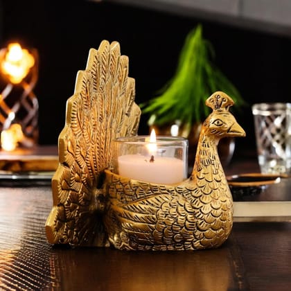 Dreamkraft Metal Dancing Peacock Candle Holder Decorative Showpiece Statue for Gifting (Gold, 17 X 10 X 14 CM) Dreamkraft Metal Dancing Peacock Candle Holder Decorative Showpiece Statue for Gifting (Gold, 17 X 10 X 14 CM)