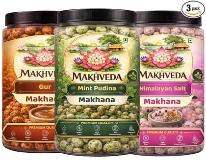 MAKHVEDA -  Superfood Desi Crunch Combo Makhana Roasted Fox Nuts Popped Lotus Seeds Healthy Snack Low Calorie High Protein Gluten Free Crunchy and Delicious Flavours Gud Mint Pudina Himalayan Pink Salt