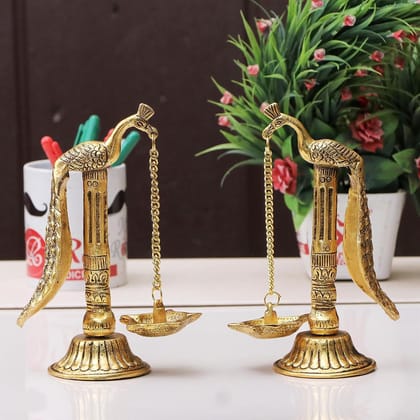 DreamKraft Metal Peacock Hanging Diya Pair | Gold Finish | Pack of 2 | Puja Gift | Antique Design | 7.5 Inches
