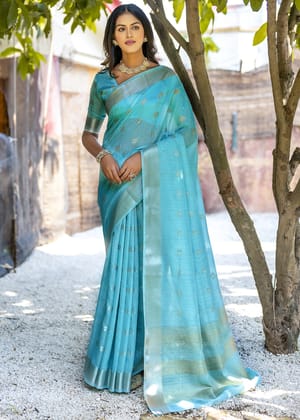 Aqua Blue Woven Cotton Silk Saree