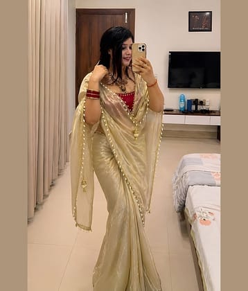 A TO Z CART Organza Solid Regular Saree With Unstitched Blouse Piece ( Beige )
