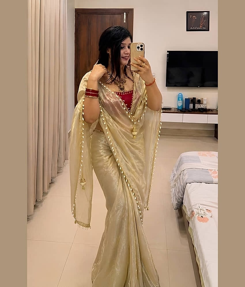 A TO Z CART Organza Solid Regular Saree With Unstitched Blouse Piece ( Beige )