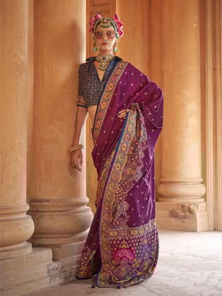 Wine Poly Viscose Silk Woven Butti Position Print Desginer Saree