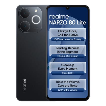 realme NARZO 80 Lite 4G (Obsidian Black, 4GB+64GB) | 6300mAh Segment's Biggest Battery | 7.94mm Slim Design | 300% Ultra Volume | Pulse Light: 9 Colors, 5 Glow Modes | Ai Assist realme NARZO 80 Lite 4G (Obsidian Black, 4GB+64GB) | 6300mAh Segment's Bigge