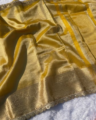 Latest Partywear Yellow Color Banarasi Tissue Silk Jacquard n Lace Work Fancy Designer Saree