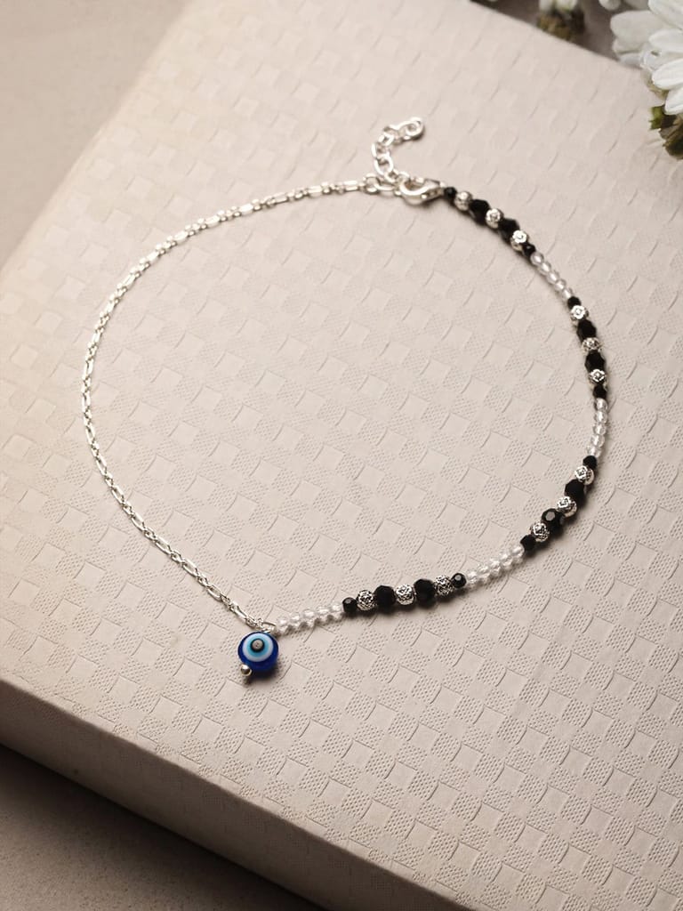 925 Sterling Silver Black Beads Trendy Minimal Evil Eye Charm Anklet - Anklets | Buy online on ZillyBuy