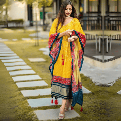 Exquisite Designer Kaftan in Vibrant Yellow Gaji Silk by GlamaStitch-Free Size Up To XXL-44