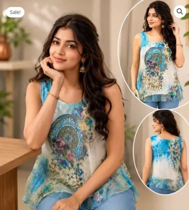 Womens Blue Abstract Floral Sleeveless Tunic Top