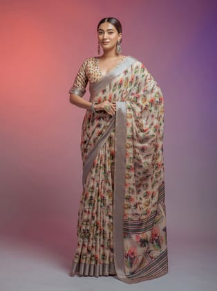 Cream Bollywood Soft Linen with Zari Border Saree