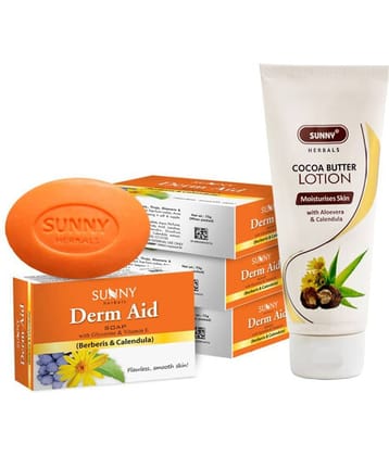 SUNNY HERBALS Cocoa Butter Body Lotion 100ml and Derm Aid Soap (75g*4)300 g