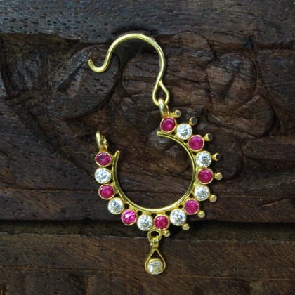 Big Indian Nath Pink White CZ Hoop Nose Stud Left Nose Ring 14k Real Gold