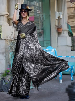 Black Pure Satin Crepe Printed Bollywood Saree