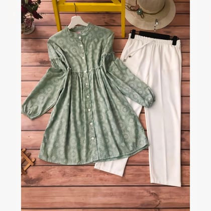 Elegant Western Wear Light Green Kurti Ensemble with Palazzo by Glamastitch-M
