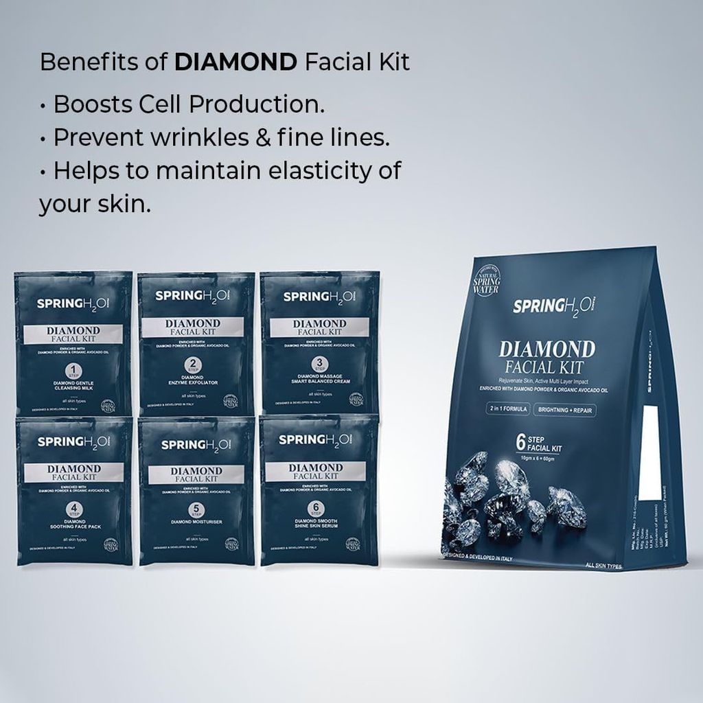 SPRING H2O Diamond Facial Kit 60g | 2-in-1 Brightening & Repair Formula | Enriched with Diamond Powder & Organic Avocado Oil | 6-Step Facial for Glowing Skin