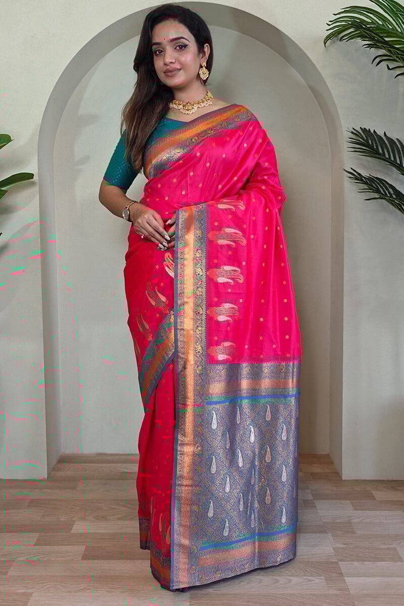 Vivid Cerise Pink Zari Woven Banarasi Soft Silk Saree
