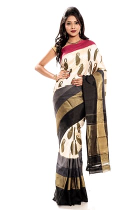 Off White Pochampally Silk Saree with Pink & black border